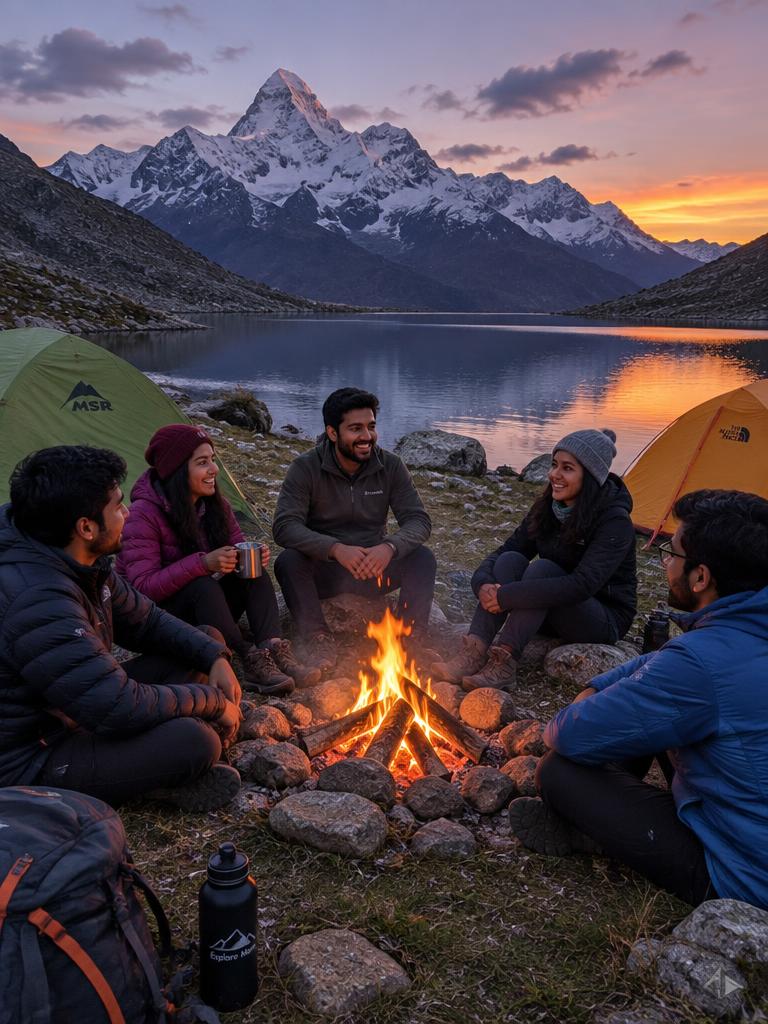 Friends camping by a Himalayan lake
